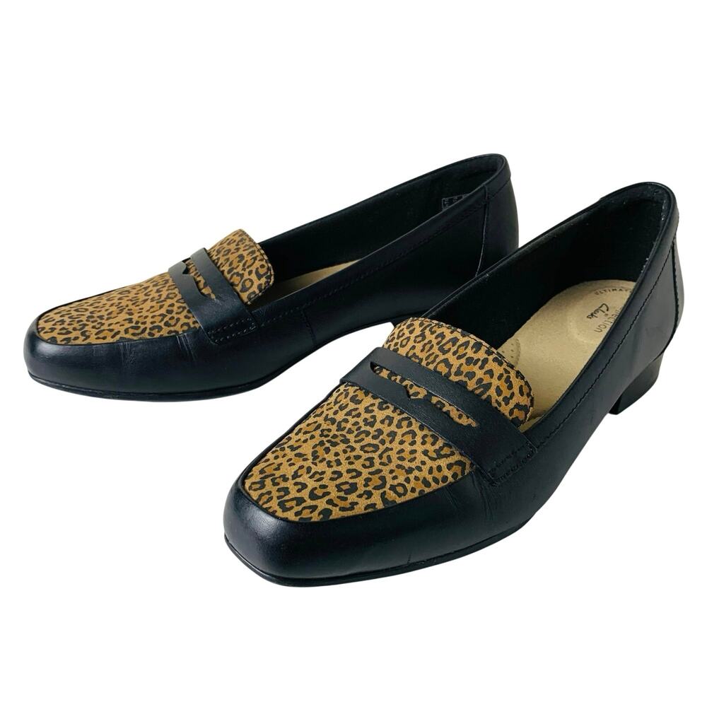 Clarks Juliet Coast Black Leopard Leather Slip On Penny Loafer Women's 11